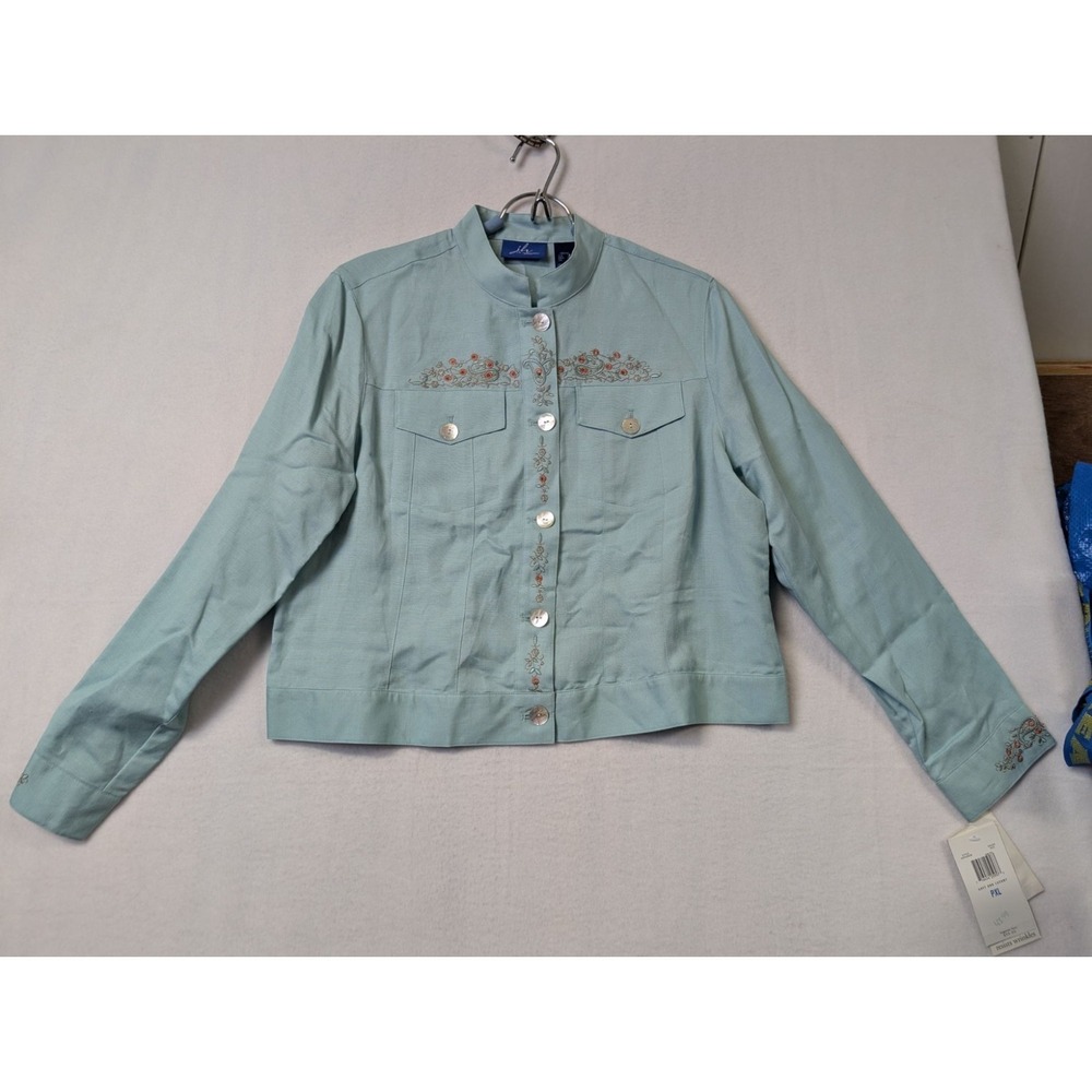 JH Collectibles Petite Jacket PXL Embroidered Linen Blend Green